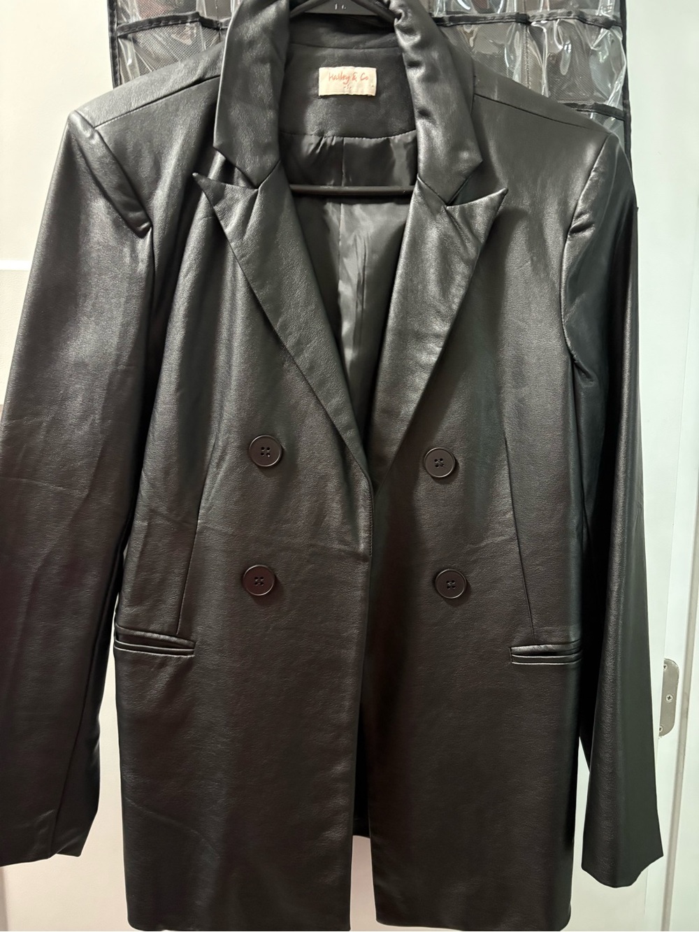 Black Double-Breasted Faux Leather Blazer Jacket
